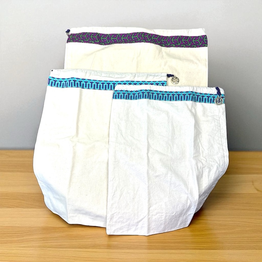 Tory Burch Set Of 3 White Canvas Bags with Purple‎ and Blue Accents drawstring